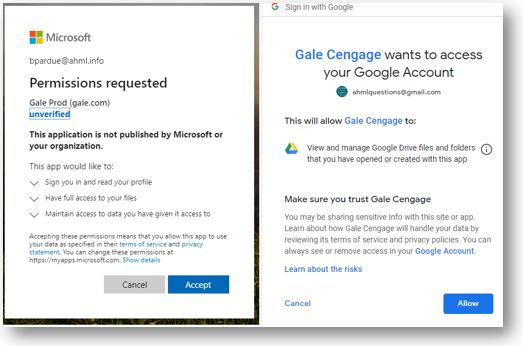 Gale and Microsoft login messages about file access.