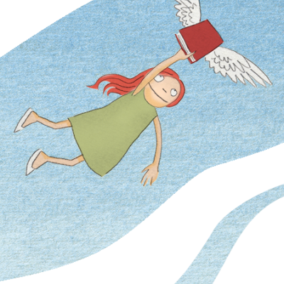 cartoon of girl flying holding book w wings