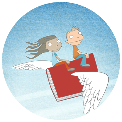 cartoon of kids riding on flying book