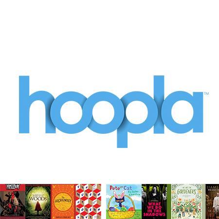 Hoopla Library logo with image row of items from Hoopla Library
