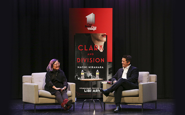 Naomi Hirahara and Erik Matsunaga on stage during An Evening with Naomi Hirahara