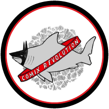 Grey shark with Batman mask with words Comix Revolution on red sash