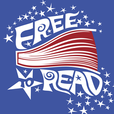Graphic says Free to Read. It's red, white and blue and features a lot of stars.