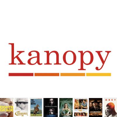 Kanopy Library logo with image row of items from Kanopy Library