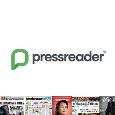 Pressreader Library logo with image row of items from Pressreader Library