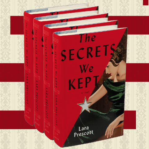 4 stacked copies of book The Secrets We Kept