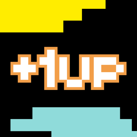 +1Up white with orange outline on black background with yellow and light blue pixel lines