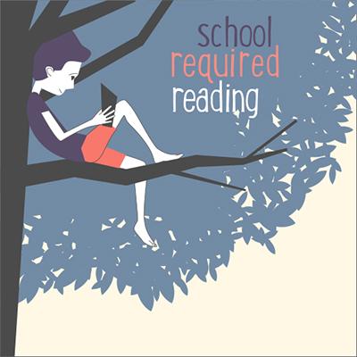 Illustration of boy sitting on tree branch. Text: "School required reading".