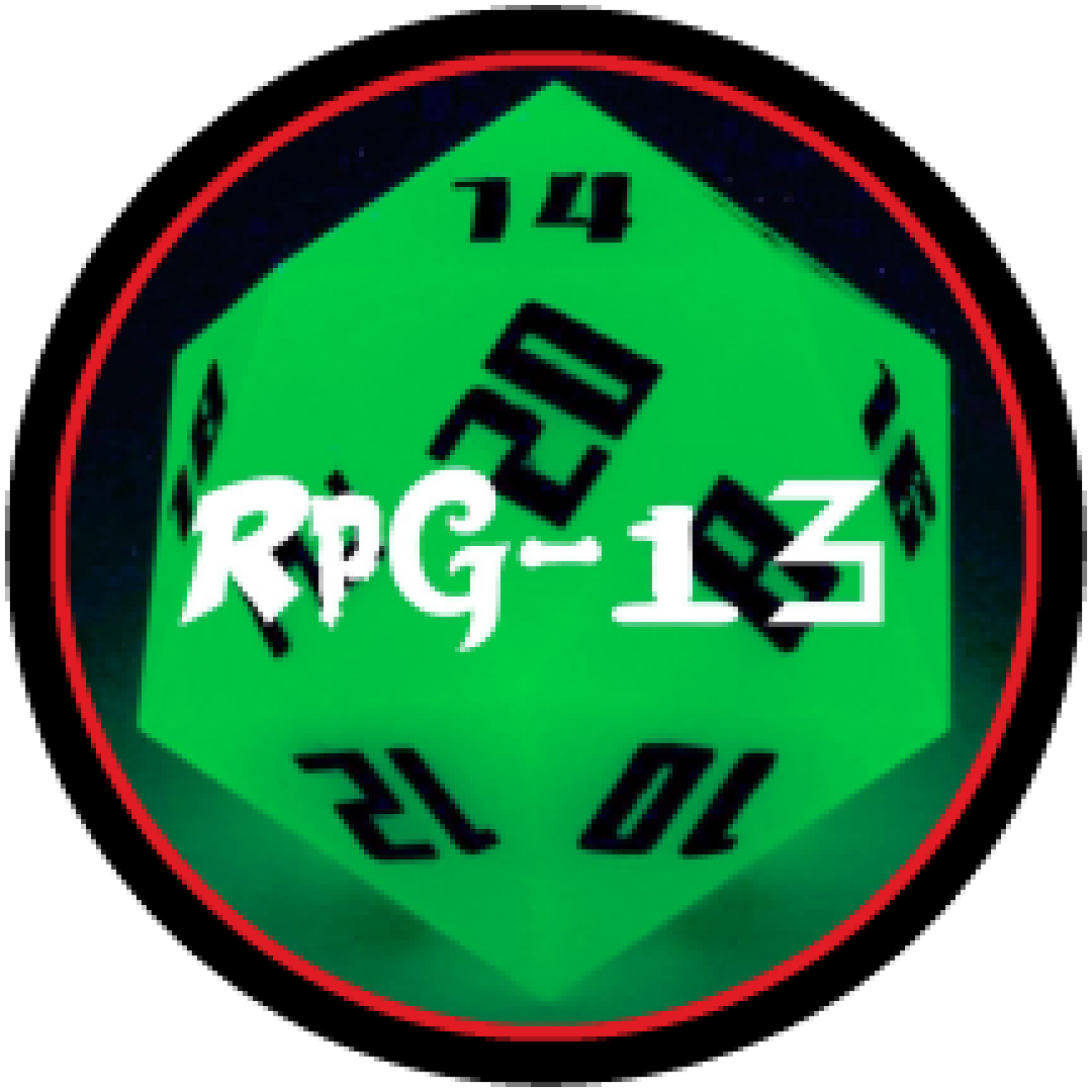 Green glowing 20 sided dice on black background. White text RPG-13