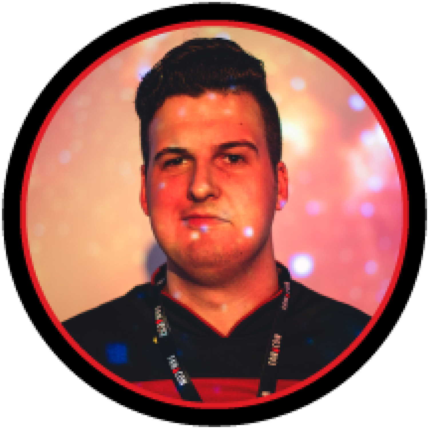 Portrait of Anthony in a red star trek next generation uniform.
