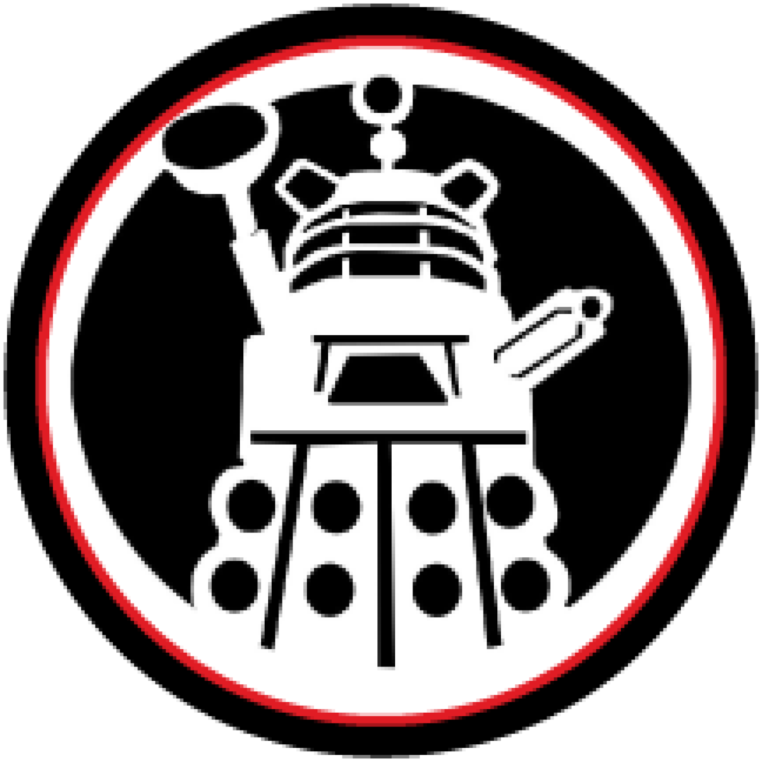 Illustration of a Dalek from Doctor Who in a black circle