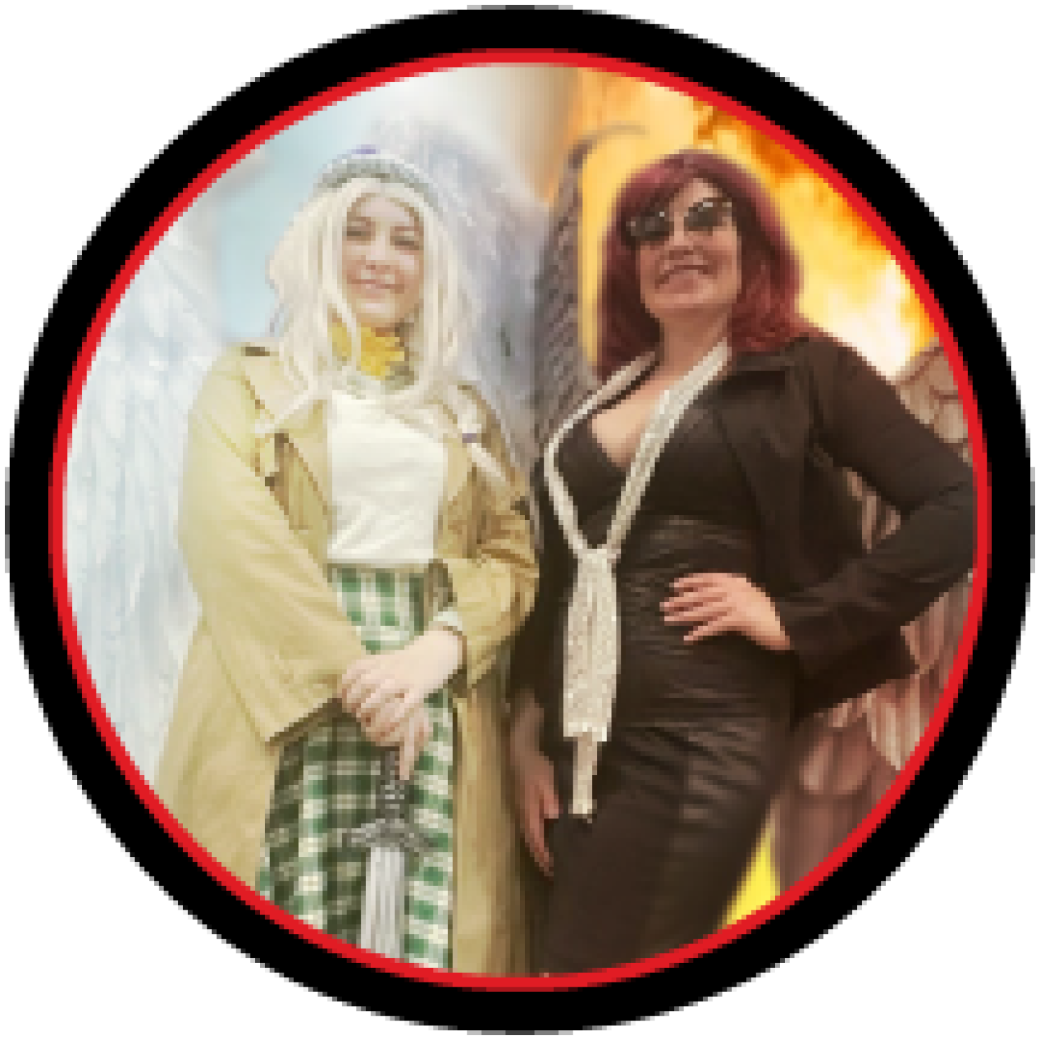 Portrait of Rae and Ria cosplaying as Aziraphale and Crowley from Good Omens