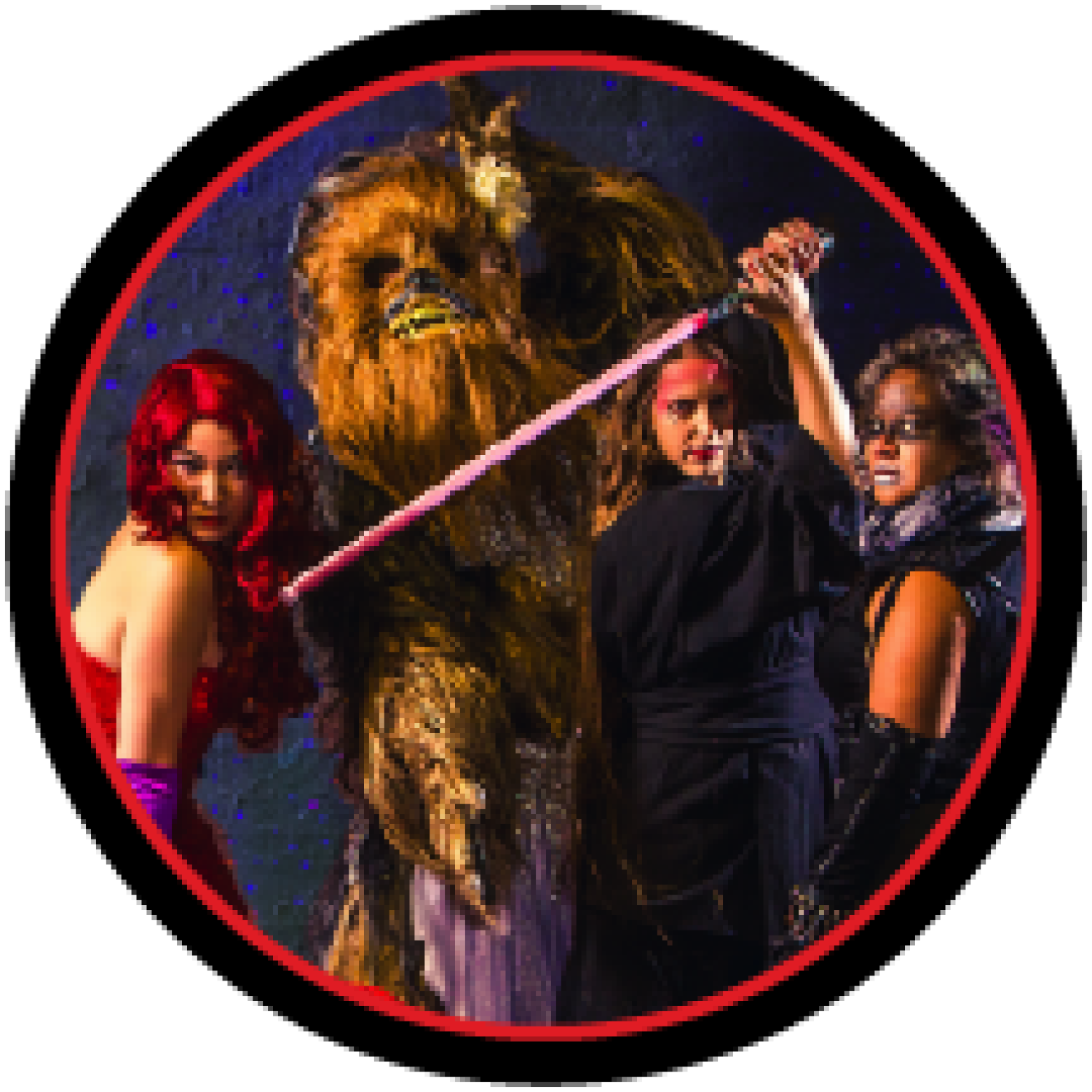 Photo of Wookie, Jessica Rabbit and Sith dancers