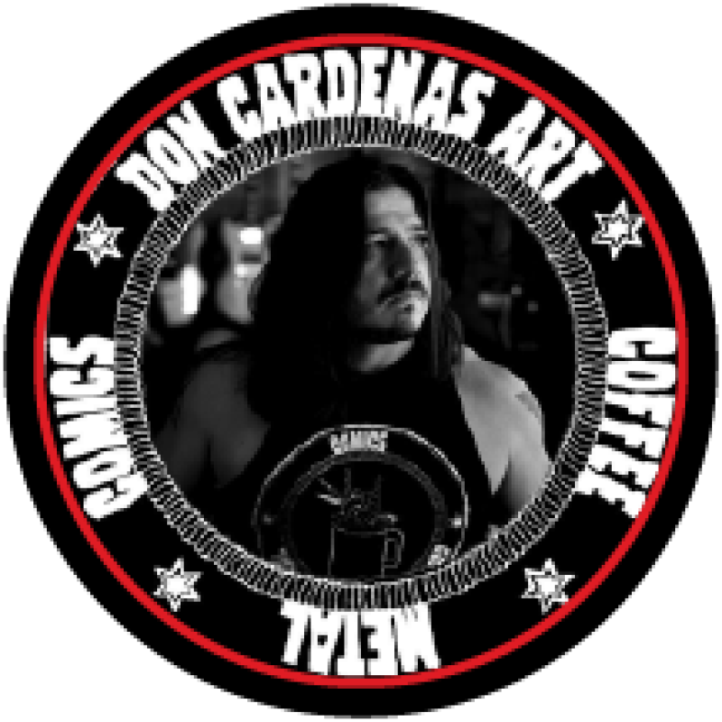 A Portrait of Don Cardenas with the words "Coffee - Metal - Comics" written in a circle around him.